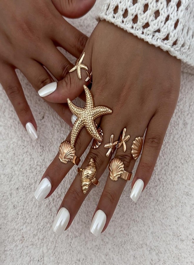 MIFYNN خاتم نجم البحر الذهبي السميك من MIFYNN للنساء، طقم خواتم لؤلؤية رقيقة على شكل محارة، خواتم بوهيمية قابلة للتكديس، خواتم شاطئ عصرية قابلة للتعديل، طقم مجوهرات صيفية ساحرة للنساء (ذهبي - 7 قطع) - Image 4