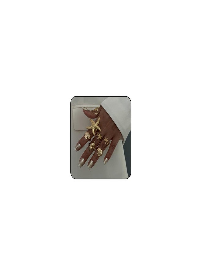 MIFYNN خاتم نجم البحر الذهبي السميك من MIFYNN للنساء، طقم خواتم لؤلؤية رقيقة على شكل محارة، خواتم بوهيمية قابلة للتكديس، خواتم شاطئ عصرية قابلة للتعديل، طقم مجوهرات صيفية ساحرة للنساء (ذهبي - 7 قطع) - Image 1