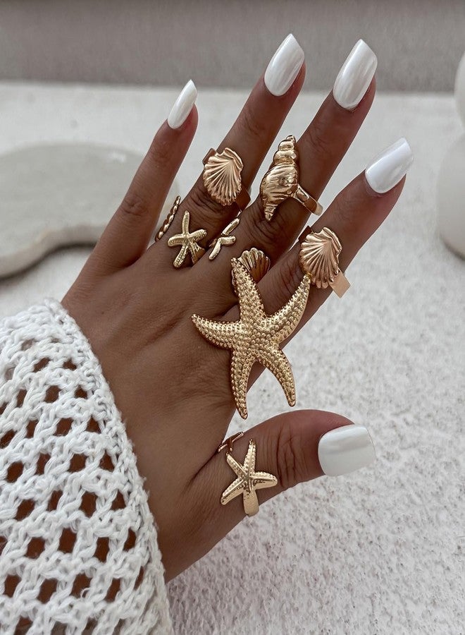 MIFYNN خاتم نجم البحر الذهبي السميك من MIFYNN للنساء، طقم خواتم لؤلؤية رقيقة على شكل محارة، خواتم بوهيمية قابلة للتكديس، خواتم شاطئ عصرية قابلة للتعديل، طقم مجوهرات صيفية ساحرة للنساء (ذهبي - 7 قطع) - Image 2