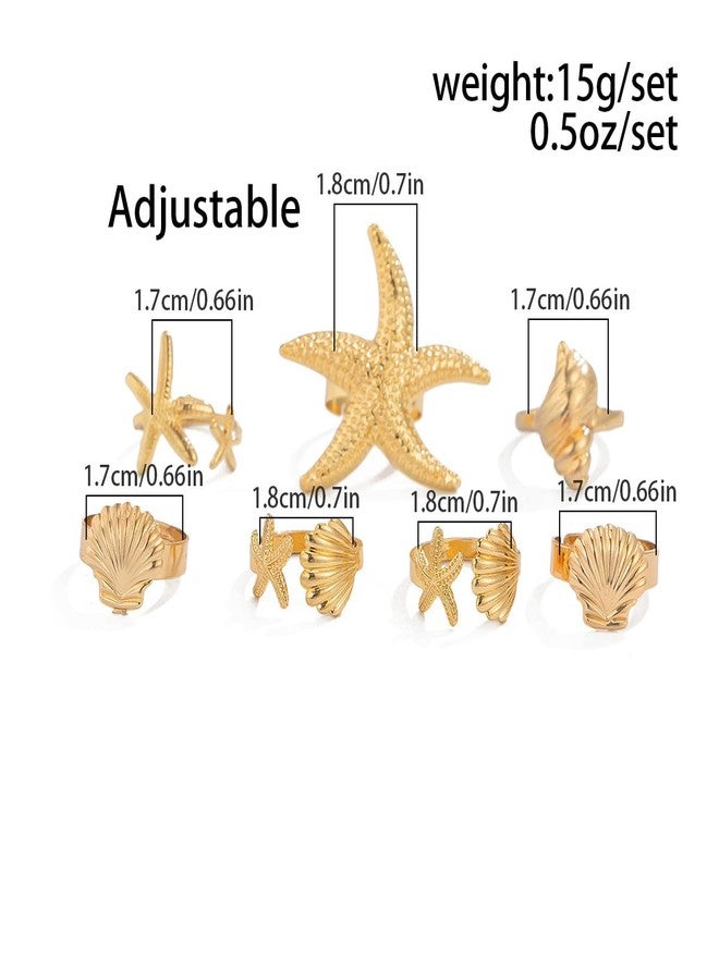 MIFYNN خاتم نجم البحر الذهبي السميك من MIFYNN للنساء، طقم خواتم لؤلؤية رقيقة على شكل محارة، خواتم بوهيمية قابلة للتكديس، خواتم شاطئ عصرية قابلة للتعديل، طقم مجوهرات صيفية ساحرة للنساء (ذهبي - 7 قطع) - Image 5