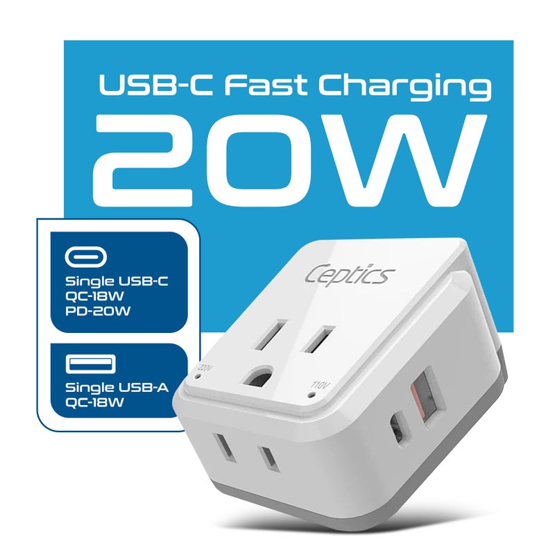 Ceptics مجموعة محولات الطاقة الدولية من سيبتيكس، 20 واط PD و QC، مزدوجة USB و USB-C 3.1A - 2 مخرج أمريكي - مدمجة - للاستخدام في أوروبا وآسيا وأفريقيا في جميع أنحاء العالم - تشمل 13 ملحق نوع SWadAPt - Image 2