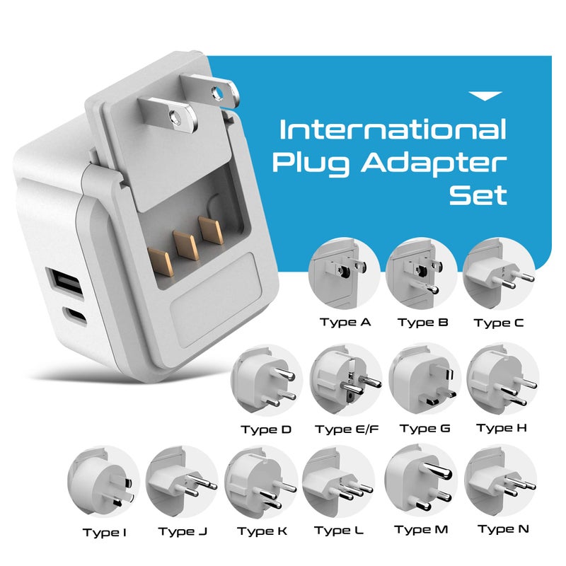 Ceptics مجموعة محولات الطاقة الدولية من سيبتيكس، 20 واط PD و QC، مزدوجة USB و USB-C 3.1A - 2 مخرج أمريكي - مدمجة - للاستخدام في أوروبا وآسيا وأفريقيا في جميع أنحاء العالم - تشمل 13 ملحق نوع SWadAPt - Image 3