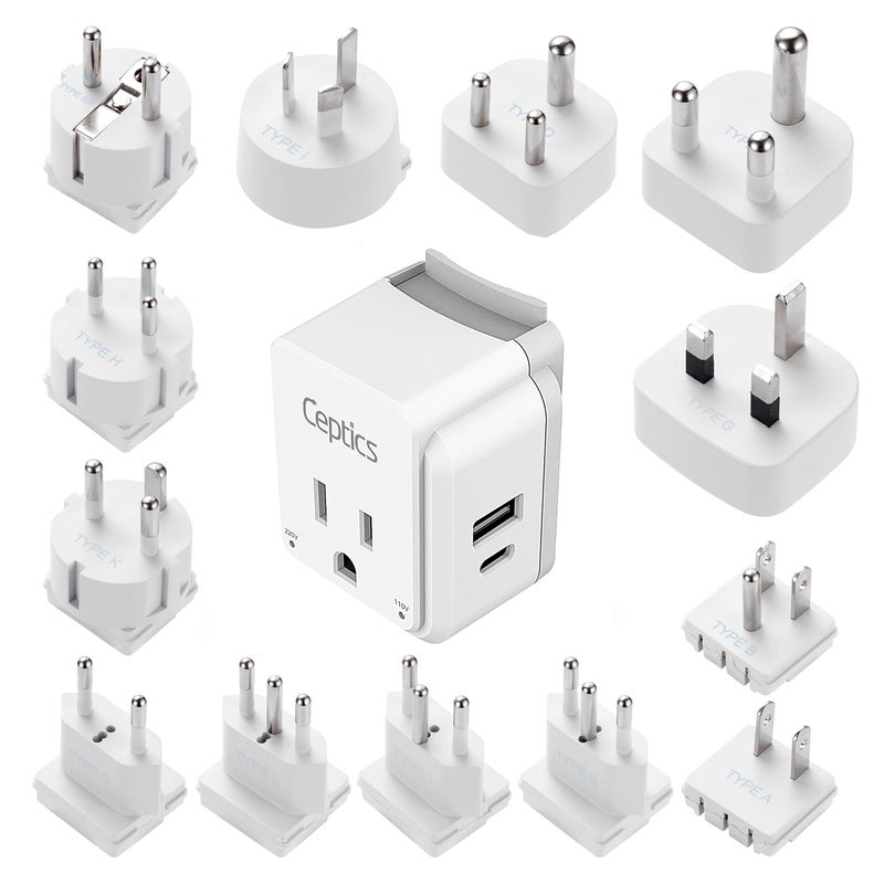 Ceptics مجموعة محولات الطاقة الدولية من سيبتيكس، 20 واط PD و QC، مزدوجة USB و USB-C 3.1A - 2 مخرج أمريكي - مدمجة - للاستخدام في أوروبا وآسيا وأفريقيا في جميع أنحاء العالم - تشمل 13 ملحق نوع SWadAPt - Image 5