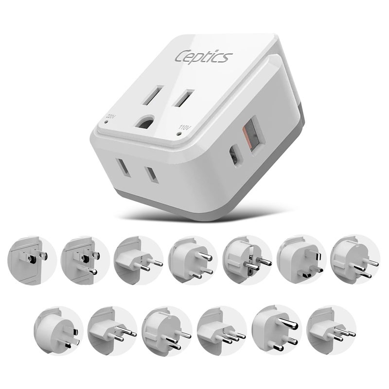 Ceptics مجموعة محولات الطاقة الدولية من سيبتيكس، 20 واط PD و QC، مزدوجة USB و USB-C 3.1A - 2 مخرج أمريكي - مدمجة - للاستخدام في أوروبا وآسيا وأفريقيا في جميع أنحاء العالم - تشمل 13 ملحق نوع SWadAPt - Image 1