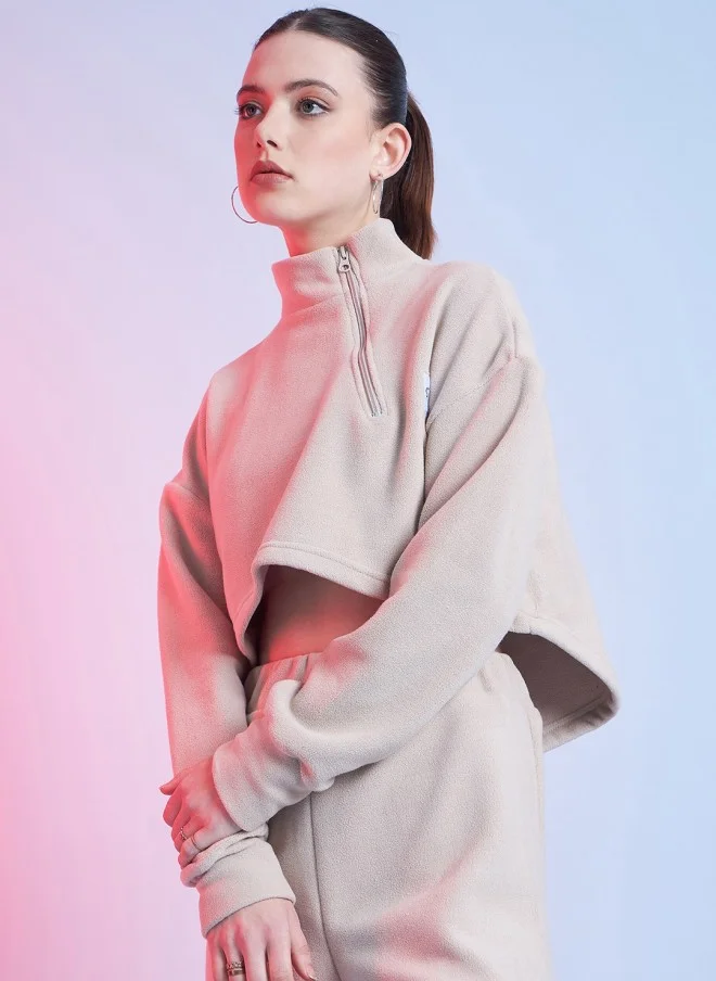 STREET 9 Beige Mock Collar Crop Sweatshirt for Women