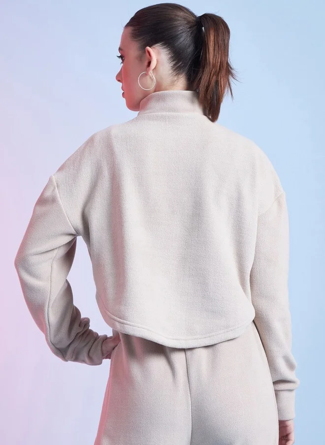 STREET 9 Beige Mock Collar Crop Sweatshirt for Women