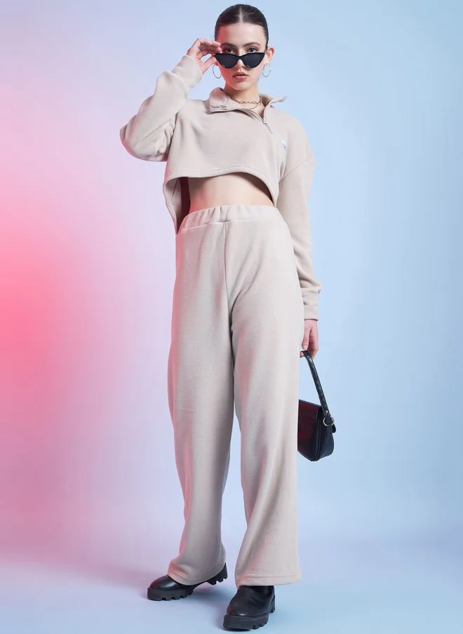 STREET 9 Beige Mock Collar Crop Sweatshirt for Women