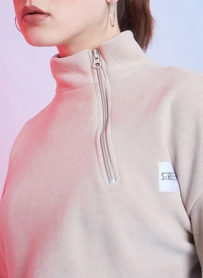 STREET 9 Beige Mock Collar Crop Sweatshirt for Women