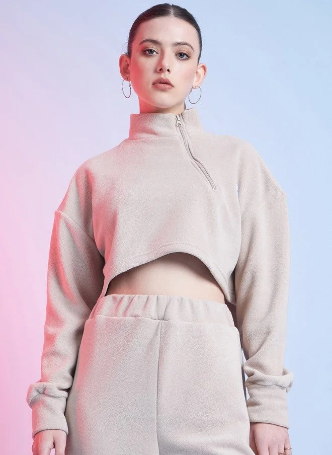 Beige Mock Collar Crop Sweatshirt for Women