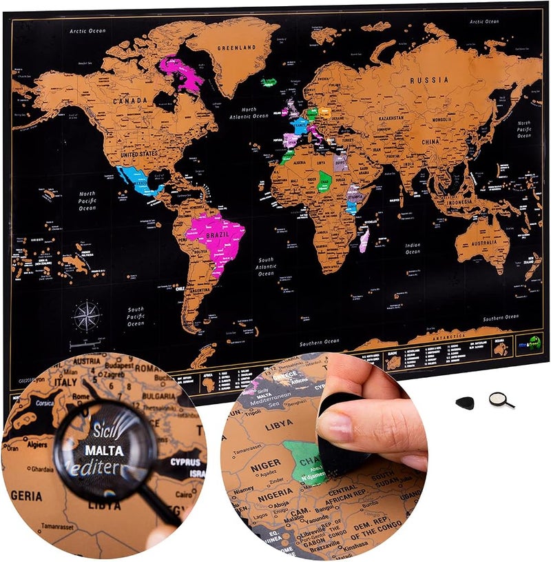 Atlas & Green Atlas&Green Scratch Off World Map With U.S States Large 28 x 17 Inch Where I've Been Poster + Bonus Accessories Kit and Travel Gift Tube - Colored World Map by Atlas&Green - Image 1