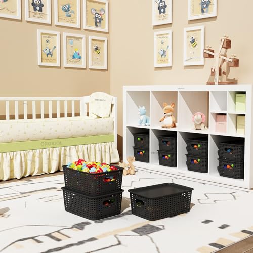ORGIDOL Plastic Storage Basket with Lids 12 Pack Stackable Black Storage Bins Containers with Lid, Decorative Storage Boxes for Organizing Shelves, Drawers, Playroom, Classroom, Office, Closet - Image 2