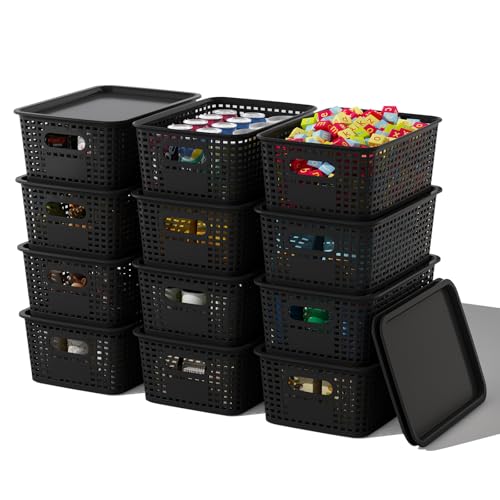 ORGIDOL Plastic Storage Basket with Lids 12 Pack Stackable Black Storage Bins Containers with Lid, Decorative Storage Boxes for Organizing Shelves, Drawers, Playroom, Classroom, Office, Closet - Image 1