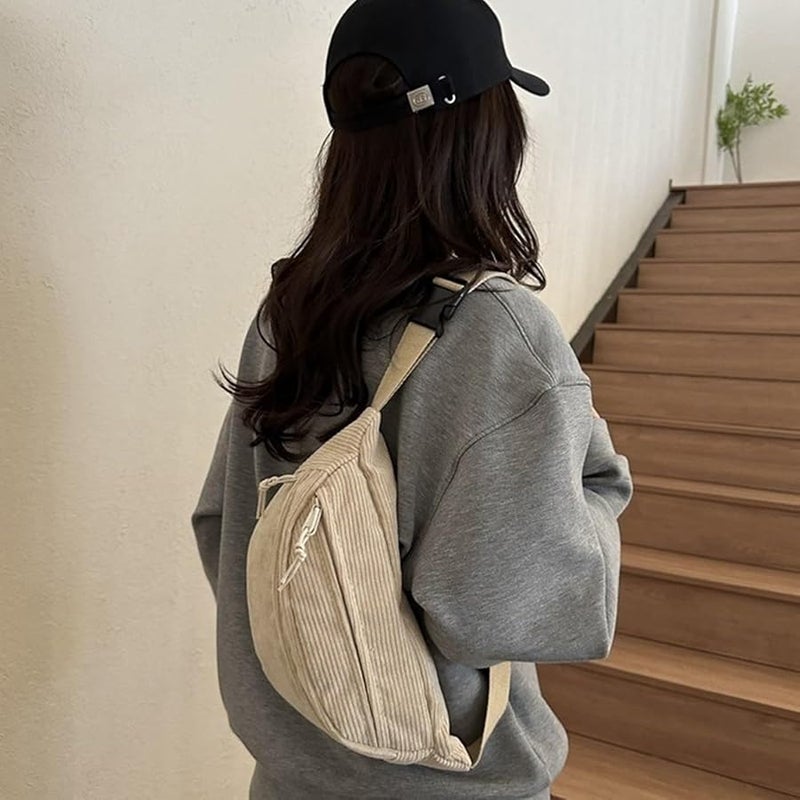 حقيبة خصر من الكوردوروي الكاكي سعة كبيرة صدرية متعددة الاستخدام للفتيات - Image 5