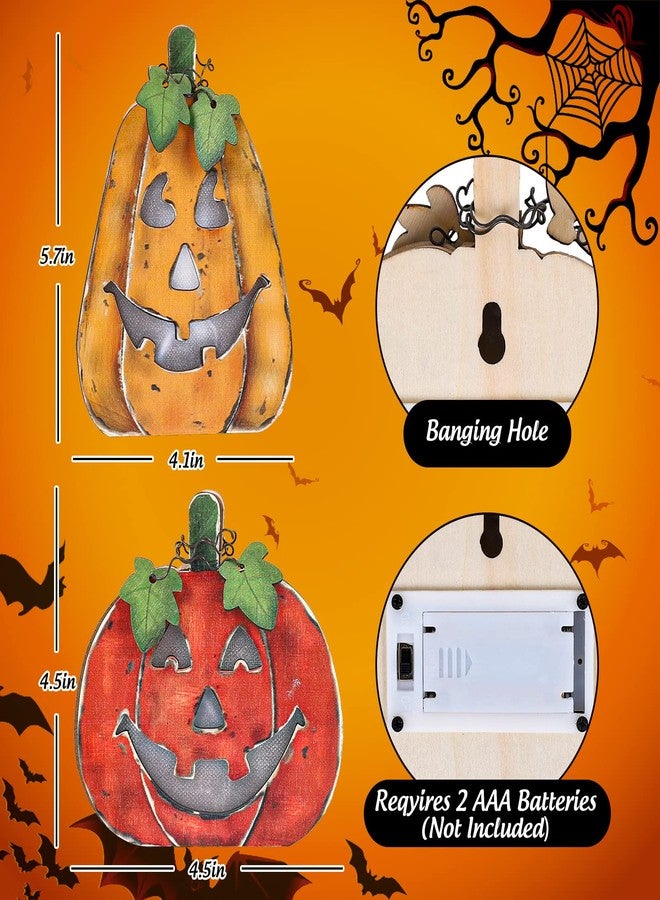Whaline 2Pcs Halloween Pumpkin Lamp Wooden Jack-O-Lantern Halloween Funny Decorative Pumpkin Lights for Indoor Outdoor Mantel Fireplace Table Party Decoration Supplies - Image 2