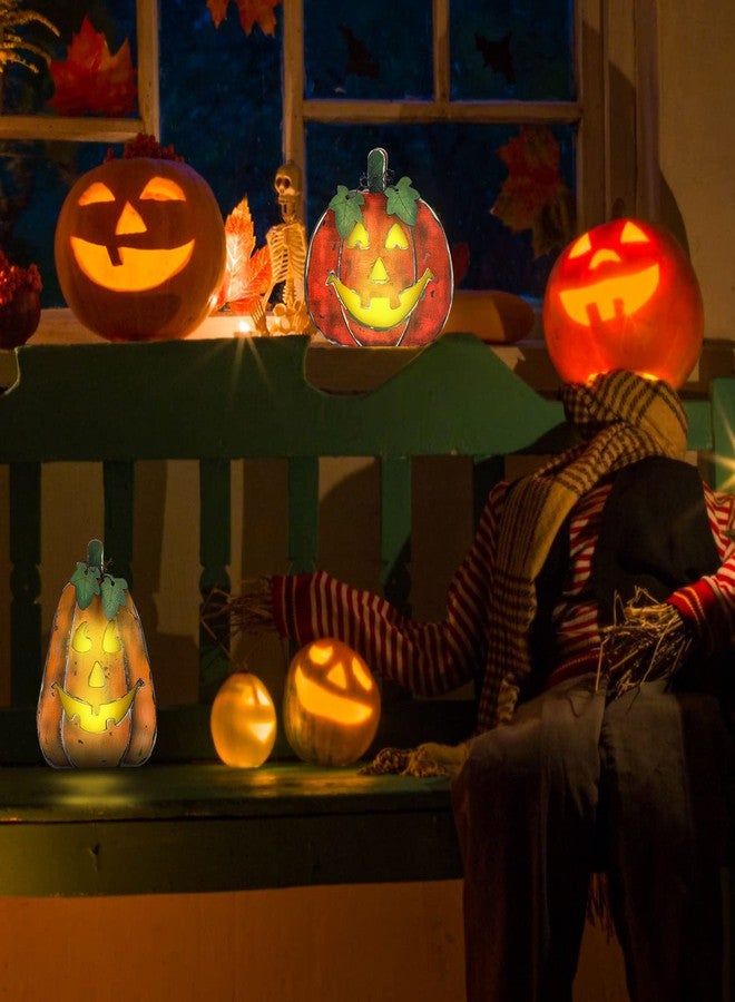 Whaline 2Pcs Halloween Pumpkin Lamp Wooden Jack-O-Lantern Halloween Funny Decorative Pumpkin Lights for Indoor Outdoor Mantel Fireplace Table Party Decoration Supplies - Image 4