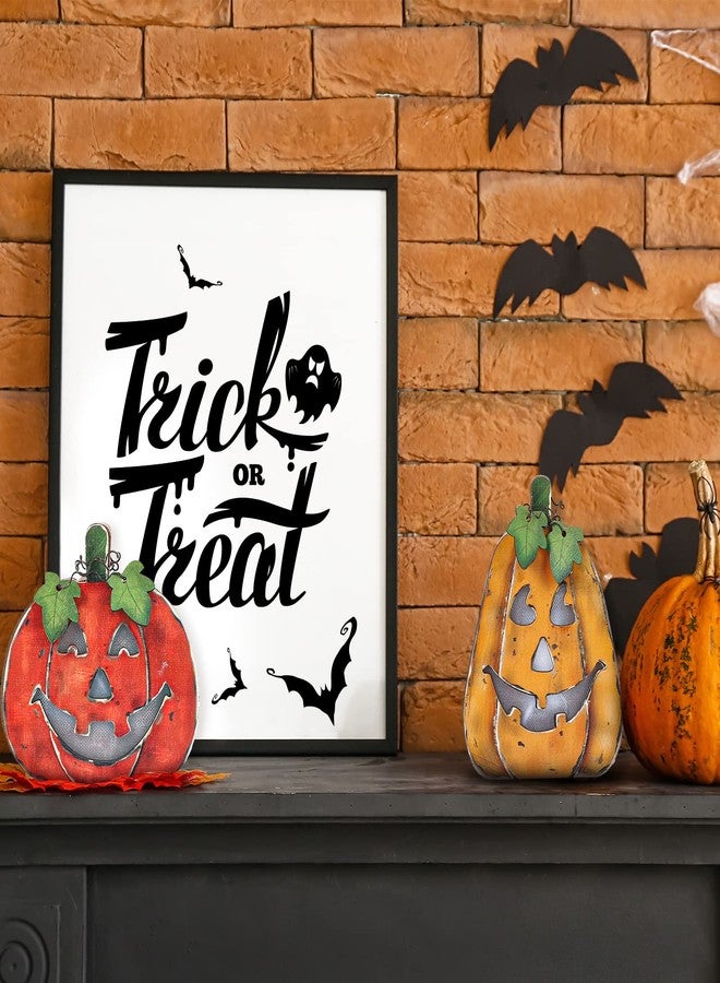 Whaline 2Pcs Halloween Pumpkin Lamp Wooden Jack-O-Lantern Halloween Funny Decorative Pumpkin Lights for Indoor Outdoor Mantel Fireplace Table Party Decoration Supplies - Image 3