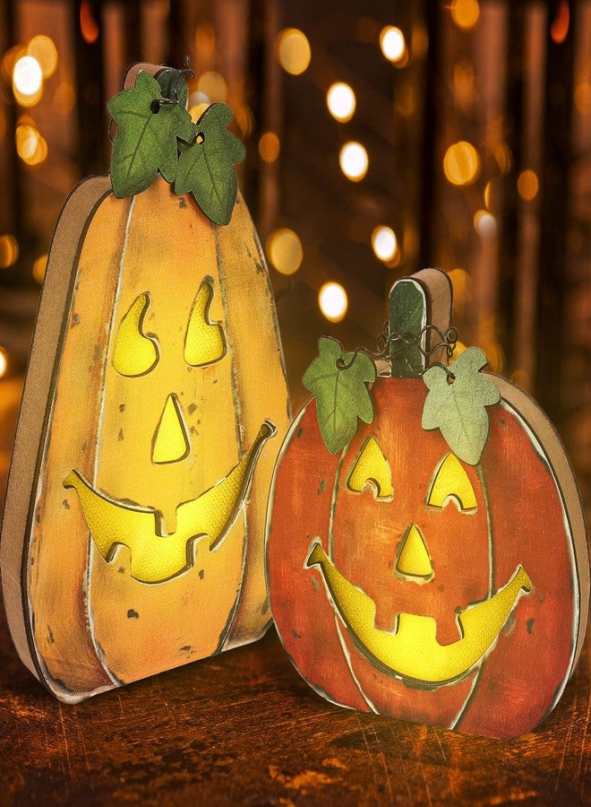 Whaline 2Pcs Halloween Pumpkin Lamp Wooden Jack-O-Lantern Halloween Funny Decorative Pumpkin Lights for Indoor Outdoor Mantel Fireplace Table Party Decoration Supplies - Image 1