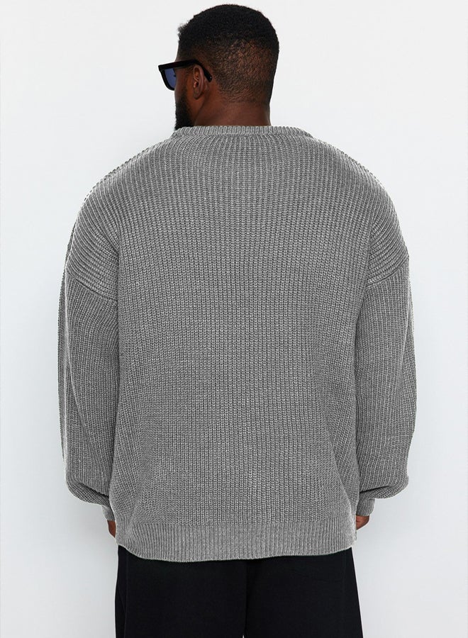 trendyol Gray FL Men's Oversize Crew Neck Plain Knitwear Plus Size Sweater - Image 2