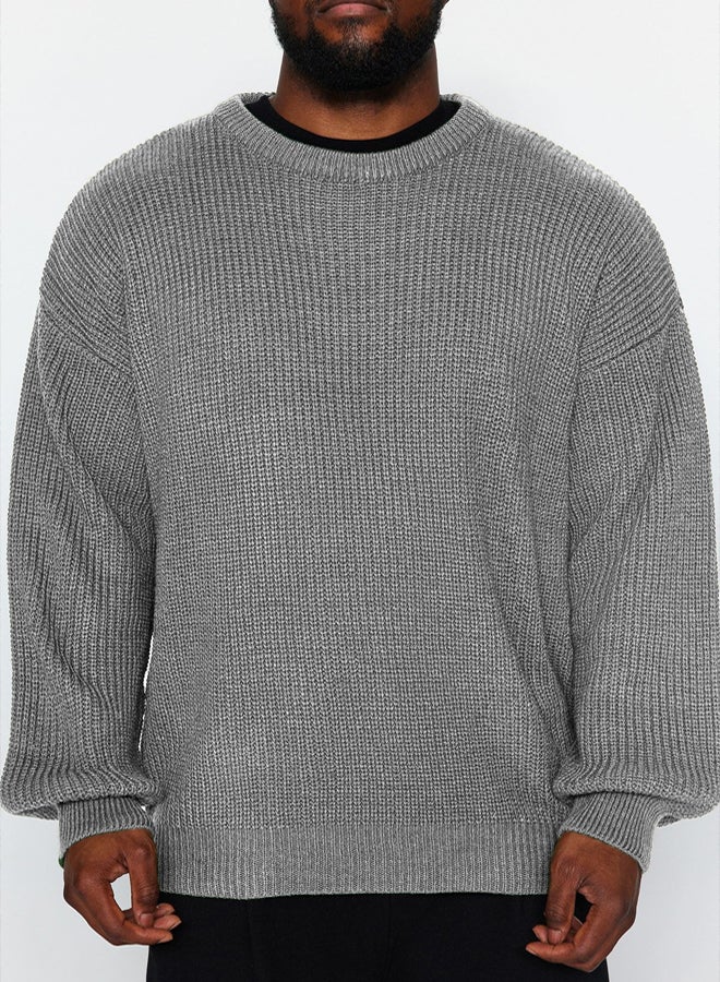 trendyol Gray FL Men's Oversize Crew Neck Plain Knitwear Plus Size Sweater - Image 3