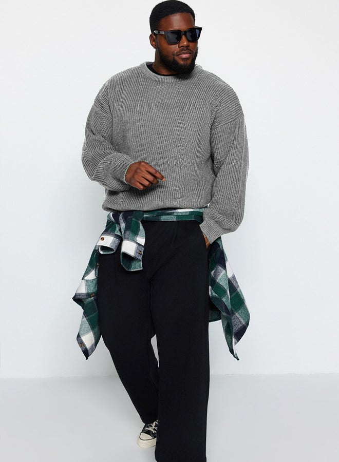 trendyol Gray FL Men's Oversize Crew Neck Plain Knitwear Plus Size Sweater - Image 1