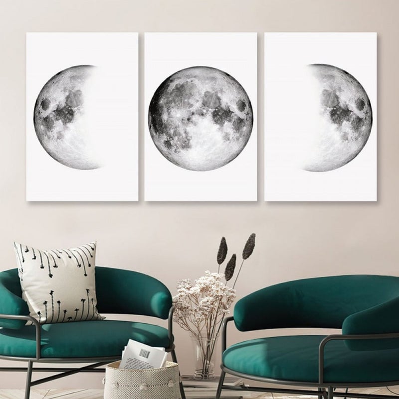 Marktna Three moon-themed canvas panels with a hollow frame, measuring (90×40), three pieces - Image 1