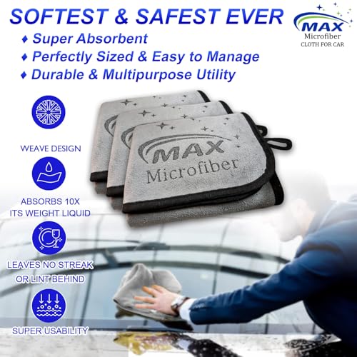 MAX 500 GSM Microfiber Cloth for Car Cleaning (3 Pcs) | Super Absorbent, Super Soft, Non Abrasive, Multipurpose Towel for Car Cleaning, Drying, Buffing & Polishing | 35 x 75 cm, Grey - Image 3