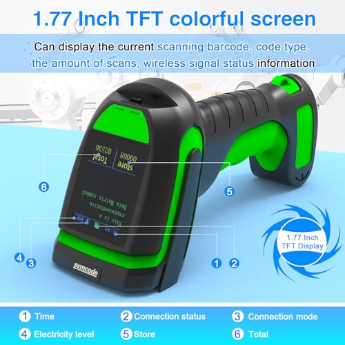 Symcode Upgraded 2D Barcode Scanner with Display Screen 1968 Feet Transmission Distance with Wireless Charging Cradle Bluetooth 433Mhz Wireless USB Wired Handheld Shock Dust Proof Bar Code Scanner - Image 2