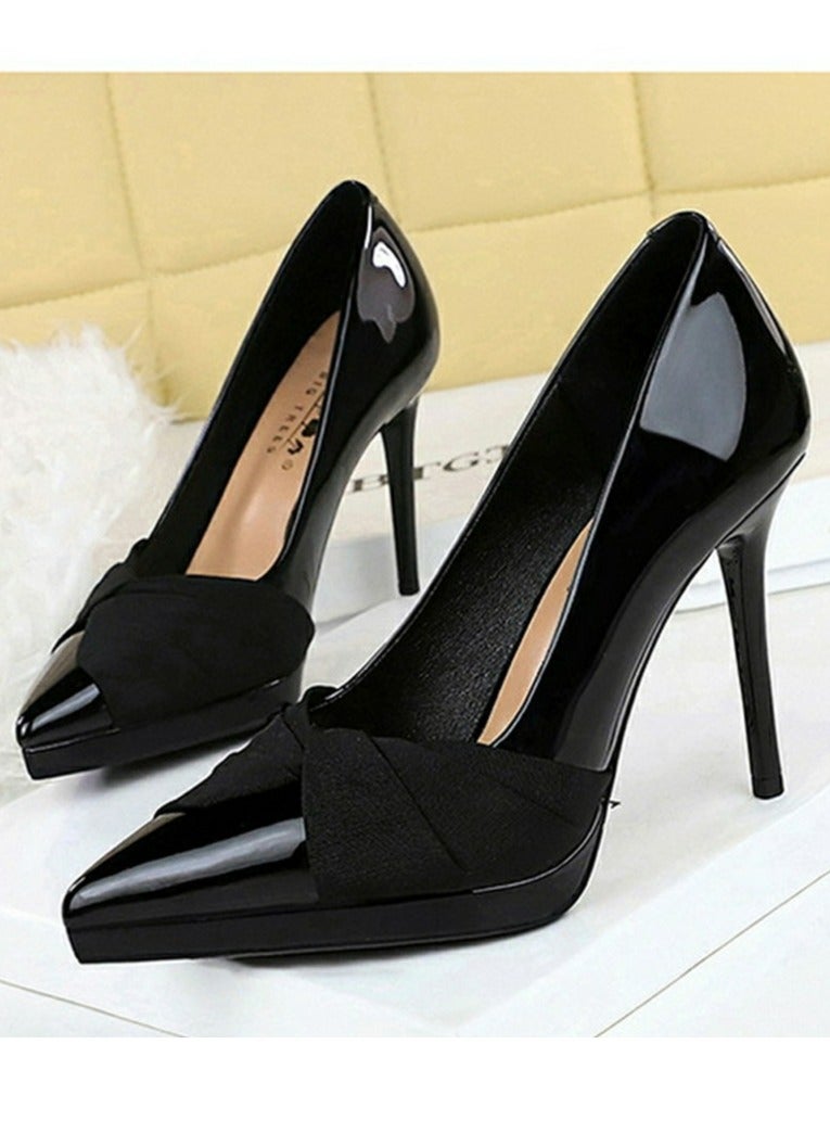 بيج تري المرأة براءة الاختراع جلد مغلق إصبع القدم المضخة أنيقة الكعب العالي الأسود 10.5CM - Image 1