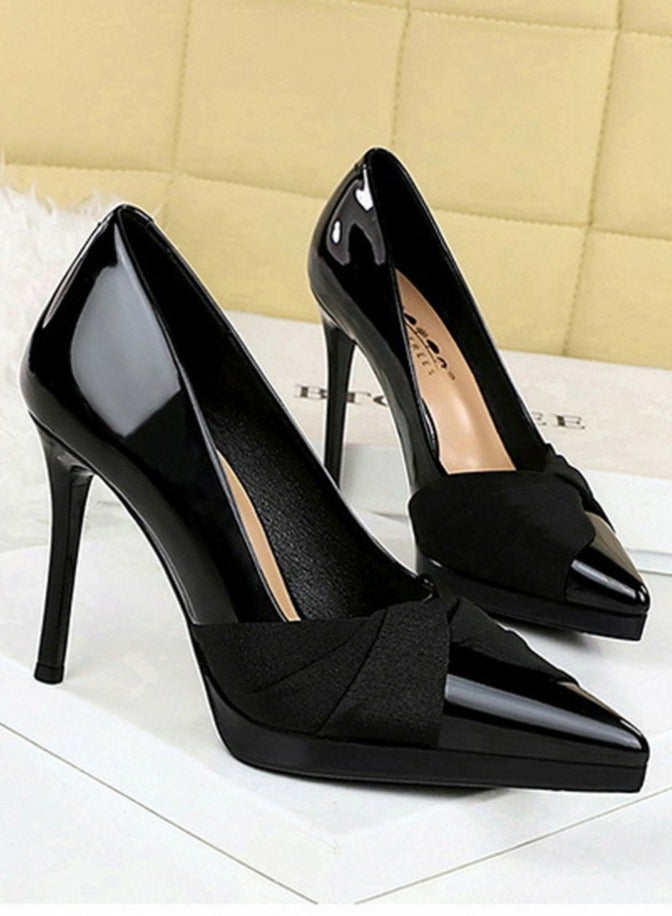 بيج تري المرأة براءة الاختراع جلد مغلق إصبع القدم المضخة أنيقة الكعب العالي الأسود 10.5CM - Image 2