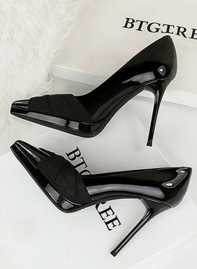 بيج تري المرأة براءة الاختراع جلد مغلق إصبع القدم المضخة أنيقة الكعب العالي الأسود 10.5CM - Image 3