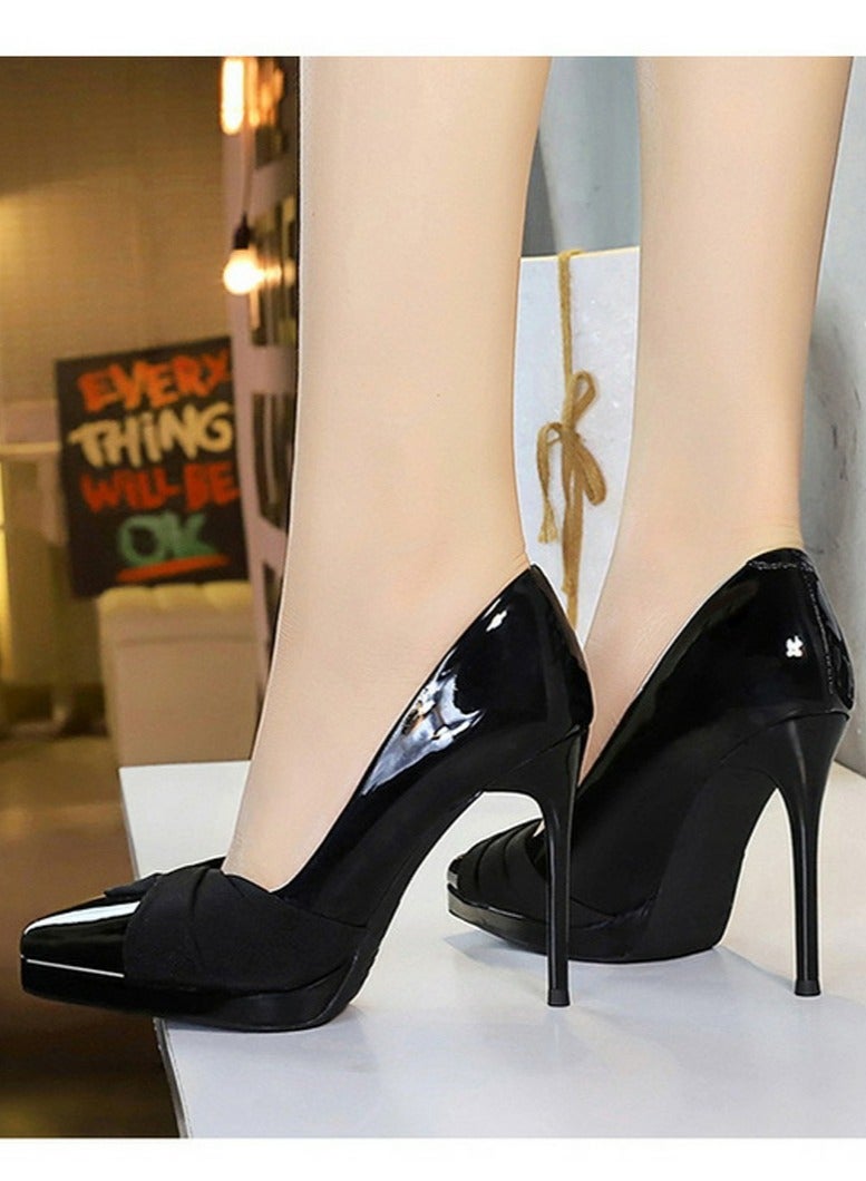 بيج تري المرأة براءة الاختراع جلد مغلق إصبع القدم المضخة أنيقة الكعب العالي الأسود 10.5CM - Image 4