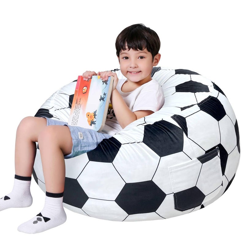 Lukeight Soccer Stuffed Animal Storage Bean Bag Chair Cover Premium Velvet Organizer with YKK Zipper Holds 100 Plush Toys Washable Kids Room Decor No Filling XXLarge