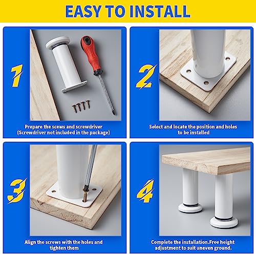Olldag 4 Pcs Adjustable Height Furniture Support Legs [with Screws] 3.15-4.72 inch, Metal Heavy Duty Furniture Replacement Legs for Chair/Bed/Sofa/Cabinet/Couch/Dresser/Bed/Table (White) - Image 5