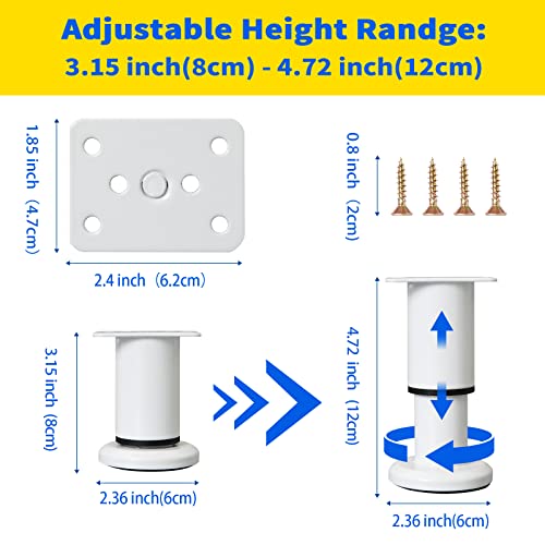 Olldag 4 Pcs Adjustable Height Furniture Support Legs [with Screws] 3.15-4.72 inch, Metal Heavy Duty Furniture Replacement Legs for Chair/Bed/Sofa/Cabinet/Couch/Dresser/Bed/Table (White) - Image 2