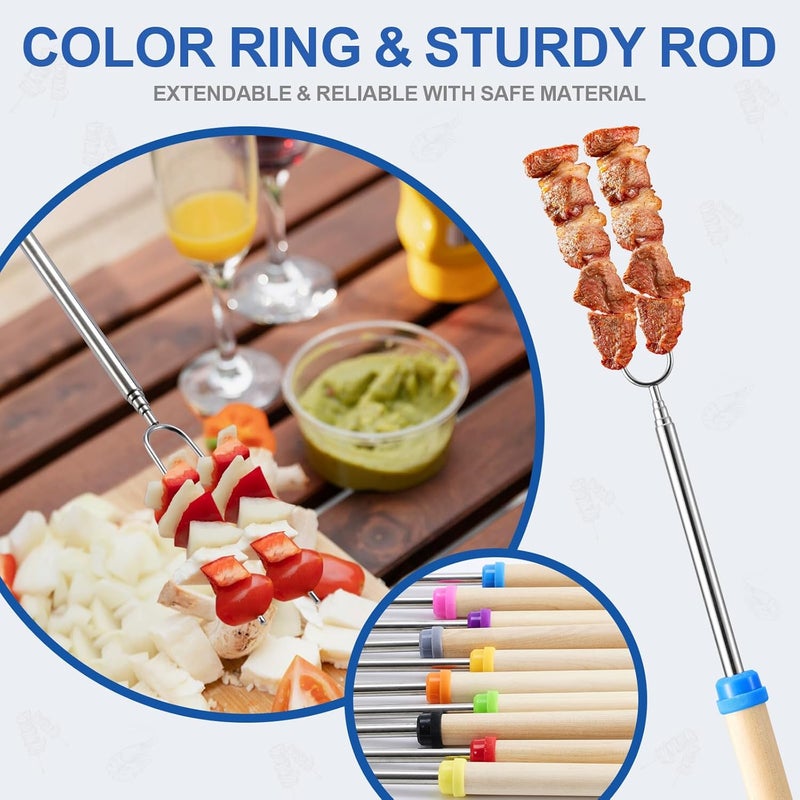 TIPTAP Marshmallow Roasting Sticks Set, 10PCS with Random Colors, Extendable and Reusable Marshmallow Stick, 32IN, Wood Handle, Premium Stainless Steel Smores Skewers for Fire Pit, Bonfire Party - Image 5