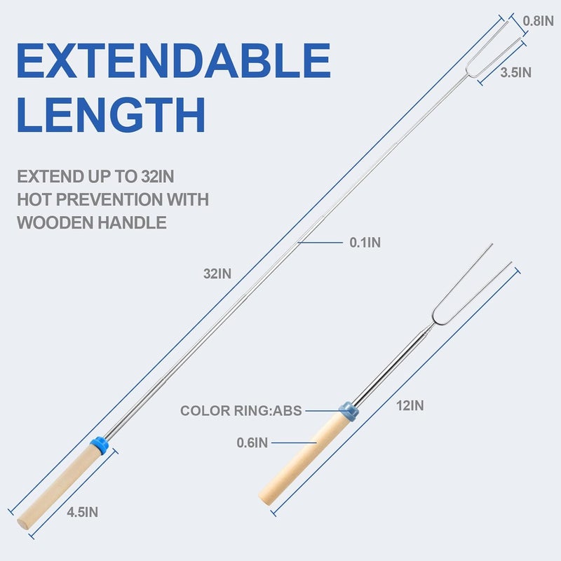 TIPTAP Marshmallow Roasting Sticks Set, 10PCS with Random Colors, Extendable and Reusable Marshmallow Stick, 32IN, Wood Handle, Premium Stainless Steel Smores Skewers for Fire Pit, Bonfire Party - Image 2