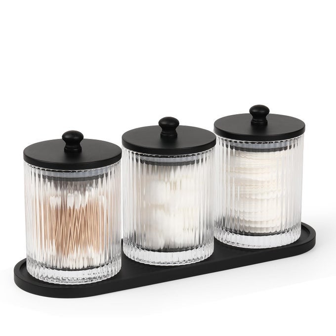 3 PACK QTIP HOLDER BATHROOM ORGANIZERS AND STORAGE COTTON ROUND HOLDER FLOSS PICK COTTON BALL SWAB HOLDER WITH TRAY GLASS APOTHECARY JARS WITH LIDS CONTAINER SET SW CLEAR B