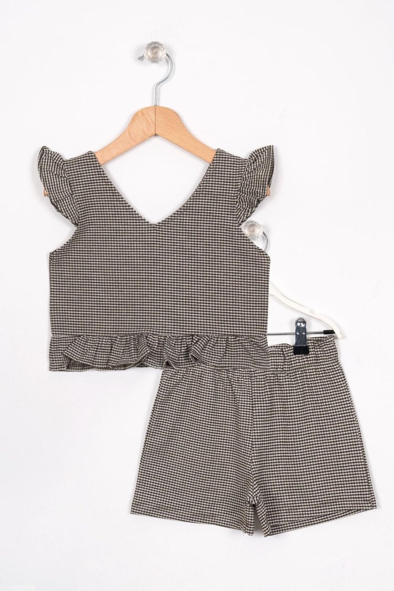 Zepkids V Neck Zero Sleeve Ruffle Detailed Khaki Color Girl Shorts Set  - Image 3