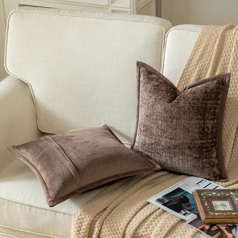 Yaertun Pack of 2 Chenille Textured Decorative Throw Pillow Covers Accent Solid Cushion Cover Soft Cozy Pillow Case with Velvet Back for Couch Sofa Bed Living Room 20x20 Inch Brown - Image 2