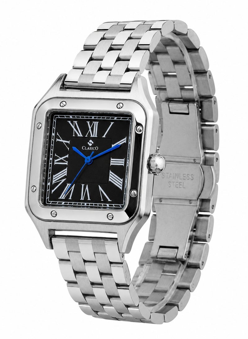 Clasico Roma Men's Luxury  Watch – Square Roman Dial, Blue Hands, Stainless Steel Bracelet & Quartz Precision Timepiece - Image 2