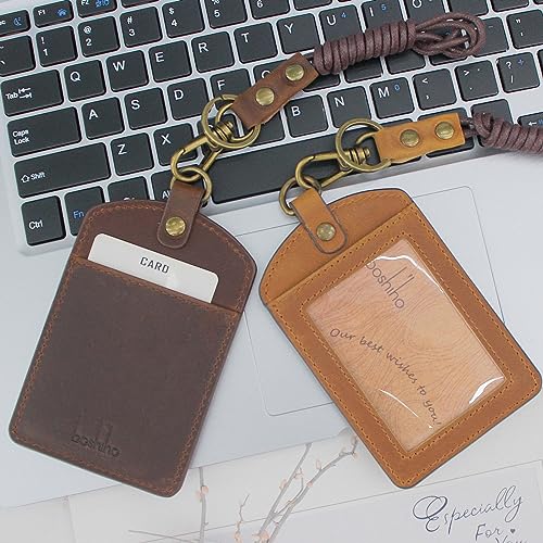 boshiho Badge Holder: Boshiho Cowhide Leather ID Badge Card Holder with 19" Neck Lanyard, Vertical Style (Dark Brown) - Image 3