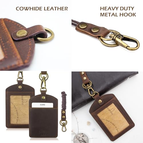boshiho Badge Holder: Boshiho Cowhide Leather ID Badge Card Holder with 19" Neck Lanyard, Vertical Style (Dark Brown) - Image 4