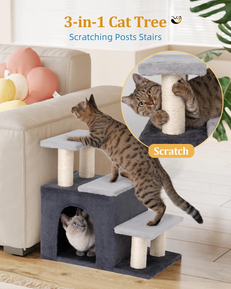 Aechonow 3-in-1 Pet Stairs for Cats, Dog Steps for Small Doggie Rabbits, 6.29''Depth Cat Stairs, Indoor Cat Ladders for High Bed for Pet's Joints, 1 Cat Condo Cave, Sisal Scratcher, Grey, Medium - Image 2