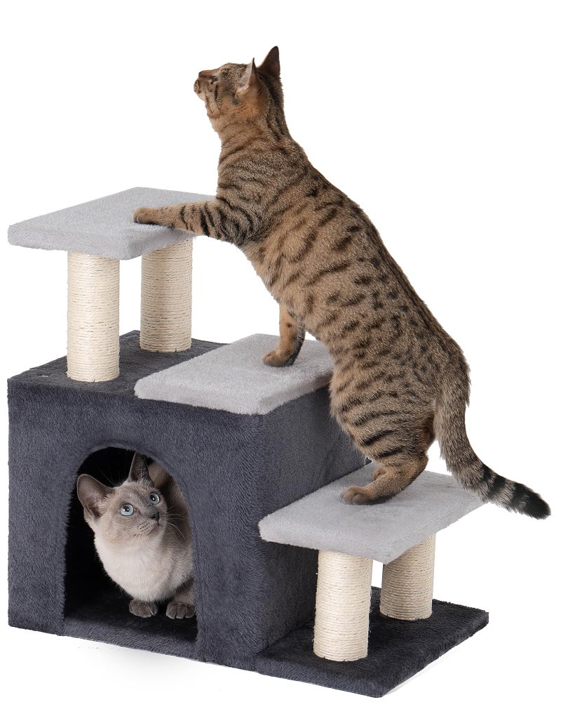 Aechonow 3-in-1 Pet Stairs for Cats, Dog Steps for Small Doggie Rabbits, 6.29''Depth Cat Stairs, Indoor Cat Ladders for High Bed for Pet's Joints, 1 Cat Condo Cave, Sisal Scratcher, Grey, Medium - Image 1