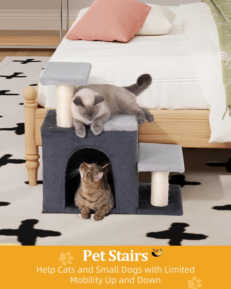 Aechonow 3-in-1 Pet Stairs for Cats, Dog Steps for Small Doggie Rabbits, 6.29''Depth Cat Stairs, Indoor Cat Ladders for High Bed for Pet's Joints, 1 Cat Condo Cave, Sisal Scratcher, Grey, Medium - Image 4