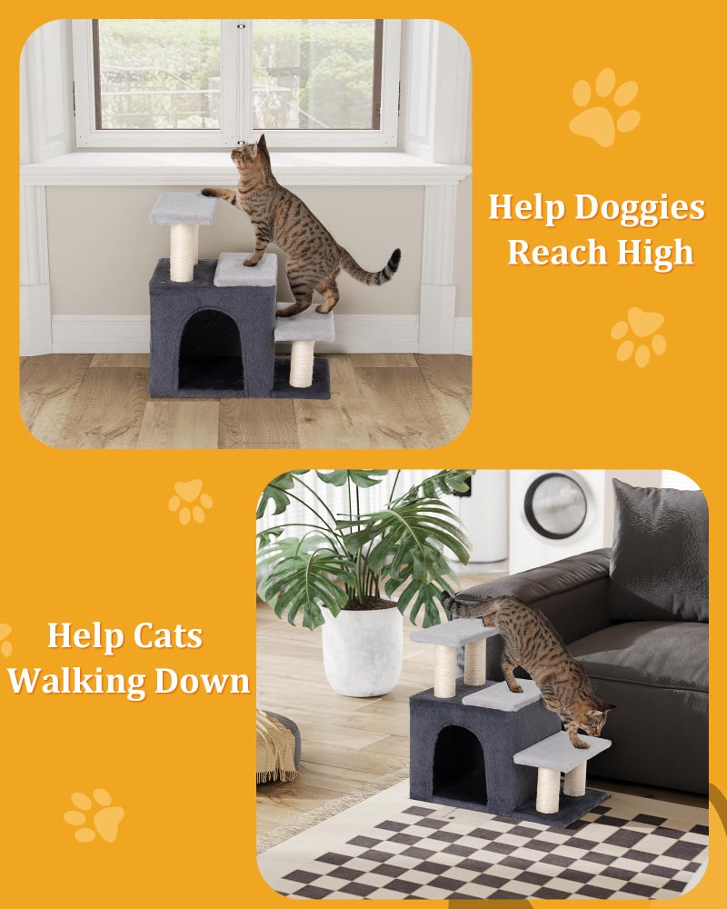 Aechonow 3-in-1 Pet Stairs for Cats, Dog Steps for Small Doggie Rabbits, 6.29''Depth Cat Stairs, Indoor Cat Ladders for High Bed for Pet's Joints, 1 Cat Condo Cave, Sisal Scratcher, Grey, Medium - Image 5