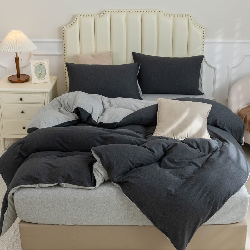 PURE ERA PURE ERA Jersey Knit Duvet Cover Set 100% T-Shirt Cotton Super Soft Comfy 3pc Bedding Set with Zipper Closure (Heather Charcoal Grey/Grey  King) - Image 2