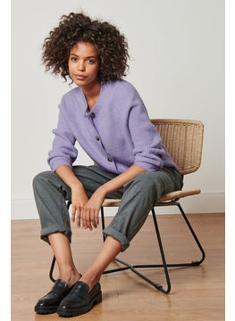 Tchibo Women Round Neck Knitted Cardigan, Purple  - Image 1