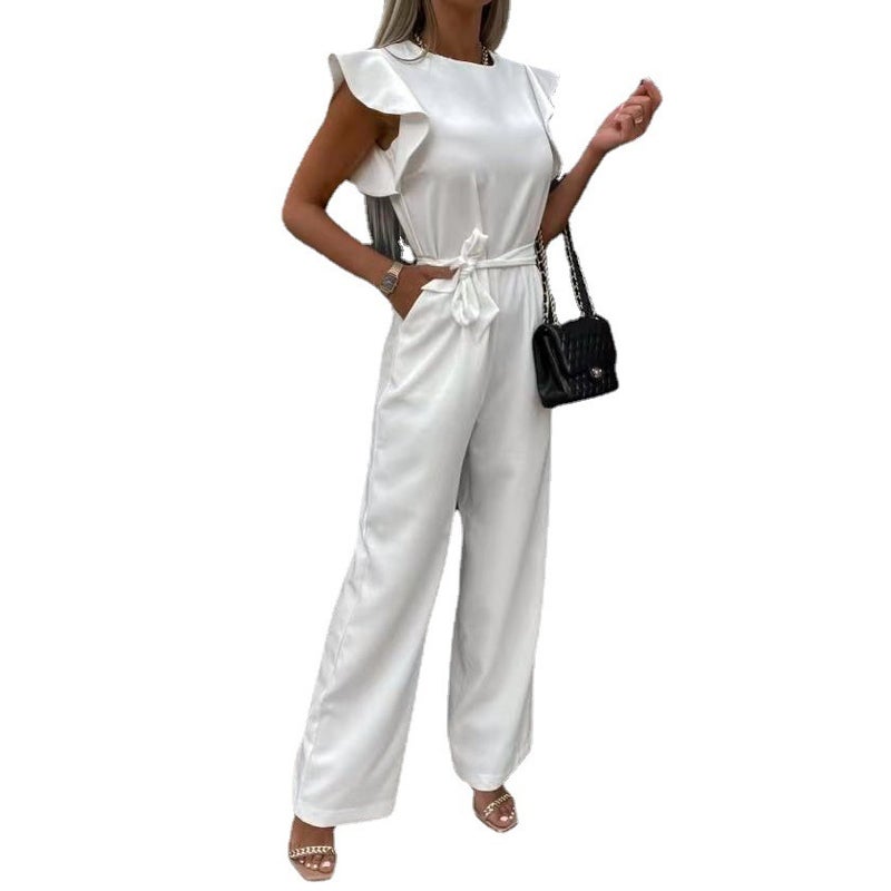 2023 Summer Womens Casual Jumpsuit with Ruffle Tie Rose Red - Image 4