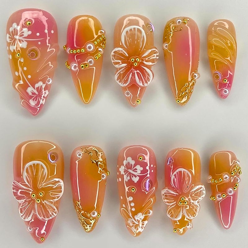 KRTBKR 24Pcs Flower Press on Nails Medium Almond Fake Nails 3D Floral with Gold Pearl Rhinestones Glitter Glossy Design Orange Full Cover Stick on Nails Spring Summer False Nails for Women Acrylic Nails - Image 1